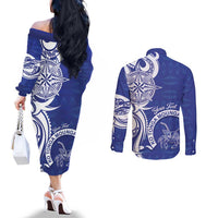 Personalised Queen Salote College Couples Matching Off The Shoulder Long Sleeve Dress and Long Sleeve Button Shirt QSC Est 1926 Ngatu Pattern - Polynesian Pride