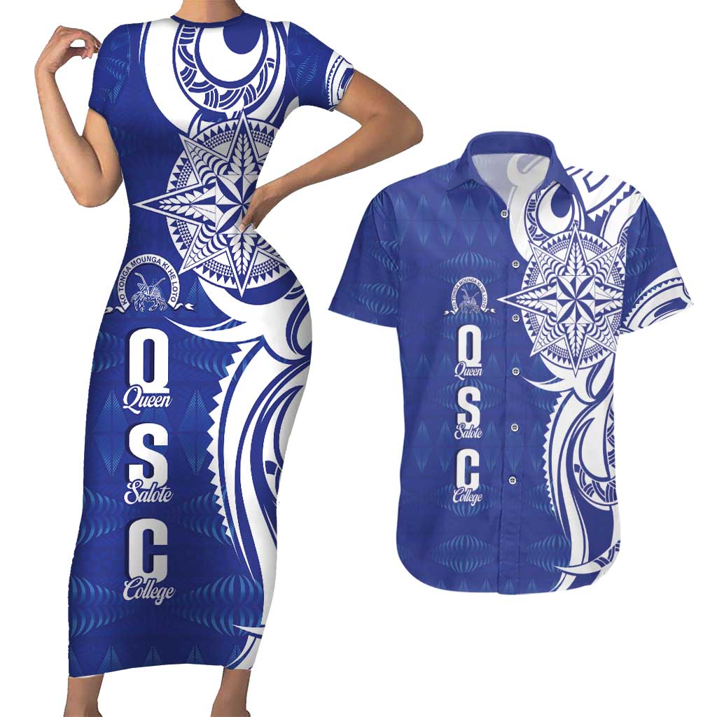Personalised Queen Salote College Couples Matching Short Sleeve Bodycon Dress and Hawaiian Shirt QSC Est 1926 Ngatu Pattern - Polynesian Pride