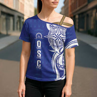 Personalised Queen Salote College Cross Shoulder Shirt QSC Est 1926 Ngatu Pattern - Polynesian Pride