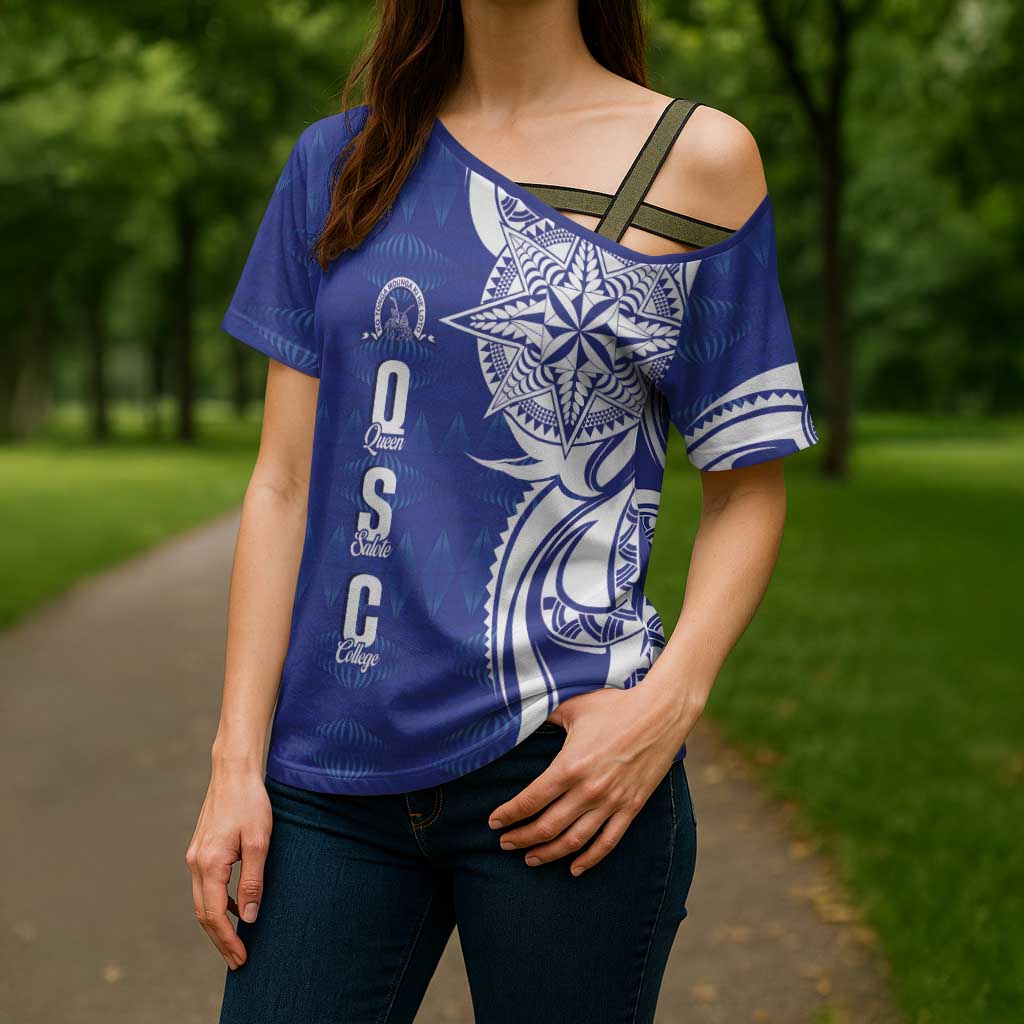 Personalised Queen Salote College Cross Shoulder Shirt QSC Est 1926 Ngatu Pattern - Polynesian Pride