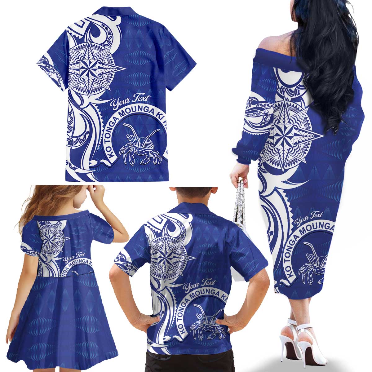 Personalised Queen Salote College Family Matching Off The Shoulder Long Sleeve Dress and Hawaiian Shirt QSC Est 1926 Ngatu Pattern - Polynesian Pride
