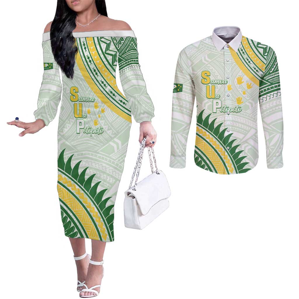 Personalised Samoa Ua Potopoto Couples Matching Off The Shoulder Long Sleeve Dress and Long Sleeve Button Shirt SUP Est 2025 Samoan Pattern - Polynesian Pride