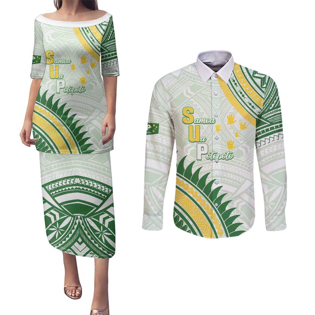 Personalised Samoa Ua Potopoto Couples Matching Puletasi and Long Sleeve Button Shirt SUP Est 2025 Samoan Pattern - Polynesian Pride