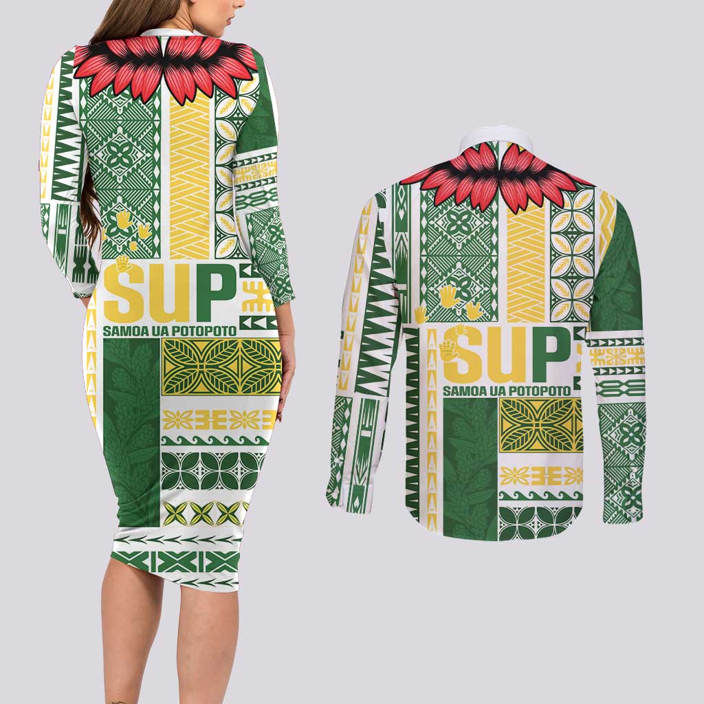 Samoa Uniting Party Couples Matching Long Sleeve Bodycon Dress and Long Sleeve Button Shirt SUP Est 2025 Siapo Pattern - Polynesian Pride