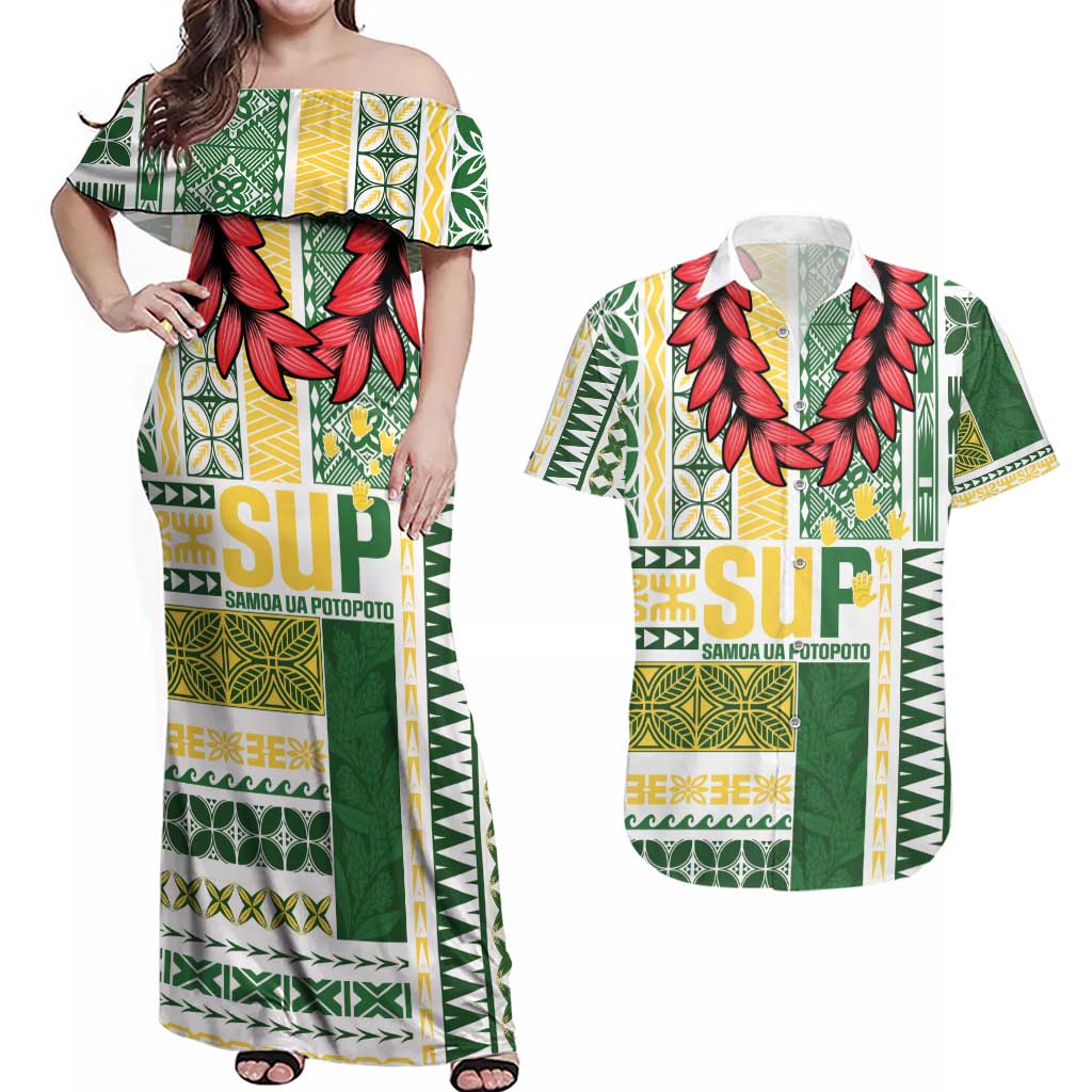 Samoa Uniting Party Couples Matching Off Shoulder Maxi Dress and Hawaiian Shirt SUP Est 2025 Siapo Pattern - Polynesian Pride