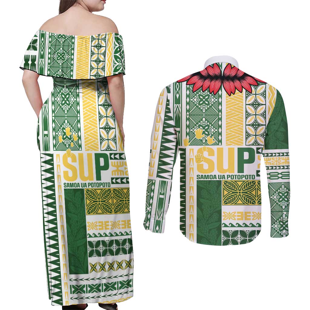 Samoa Uniting Party Couples Matching Off Shoulder Maxi Dress and Long Sleeve Button Shirt SUP Est 2025 Siapo Pattern - Polynesian Pride