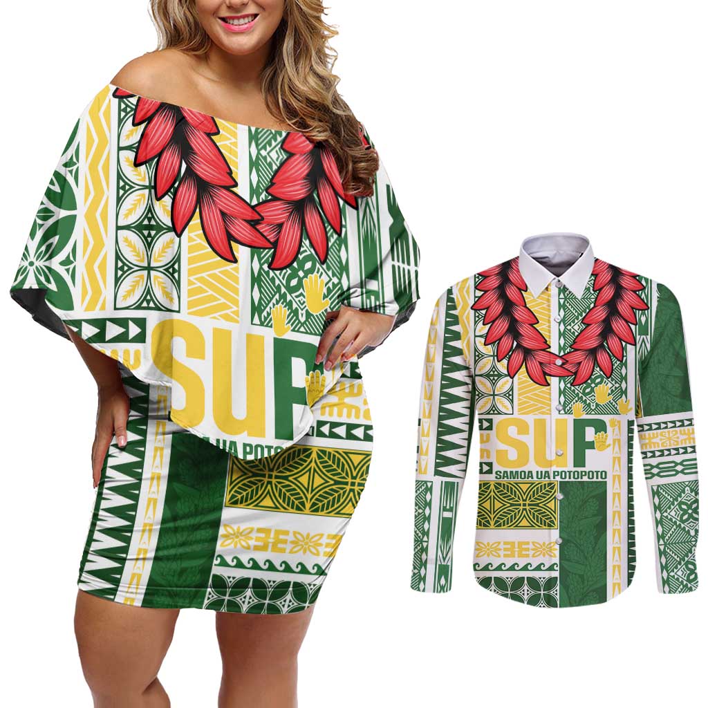 Samoa Uniting Party Couples Matching Off Shoulder Short Dress and Long Sleeve Button Shirt SUP Est 2025 Siapo Pattern - Polynesian Pride