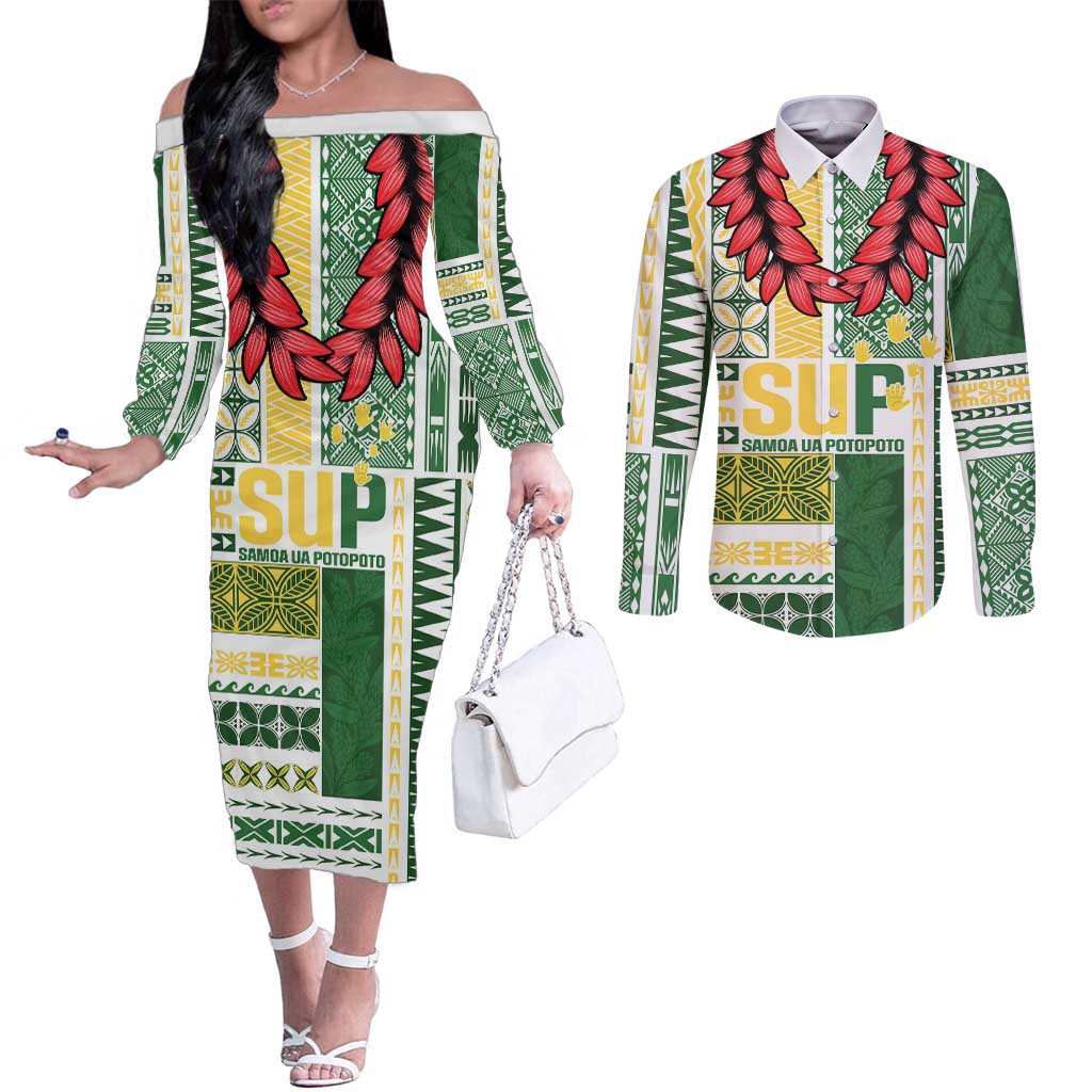 Samoa Uniting Party Couples Matching Off The Shoulder Long Sleeve Dress and Long Sleeve Button Shirt SUP Est 2025 Siapo Pattern - Polynesian Pride