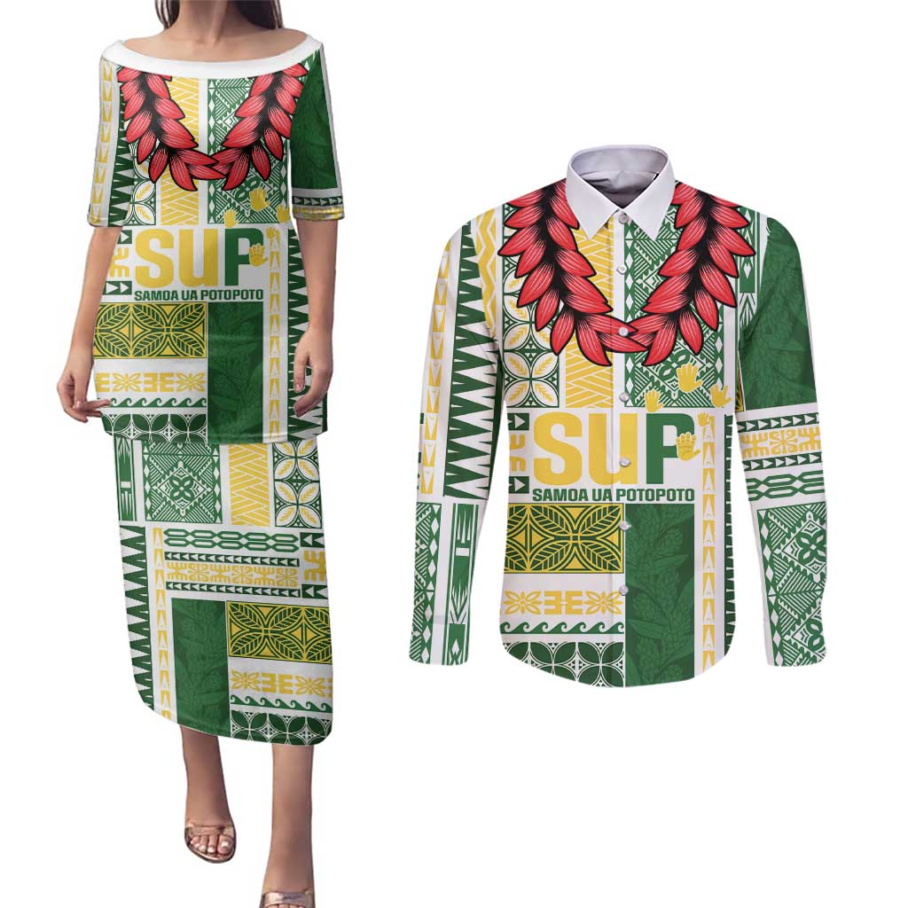 Samoa Uniting Party Couples Matching Puletasi and Long Sleeve Button Shirt SUP Est 2025 Siapo Pattern - Polynesian Pride