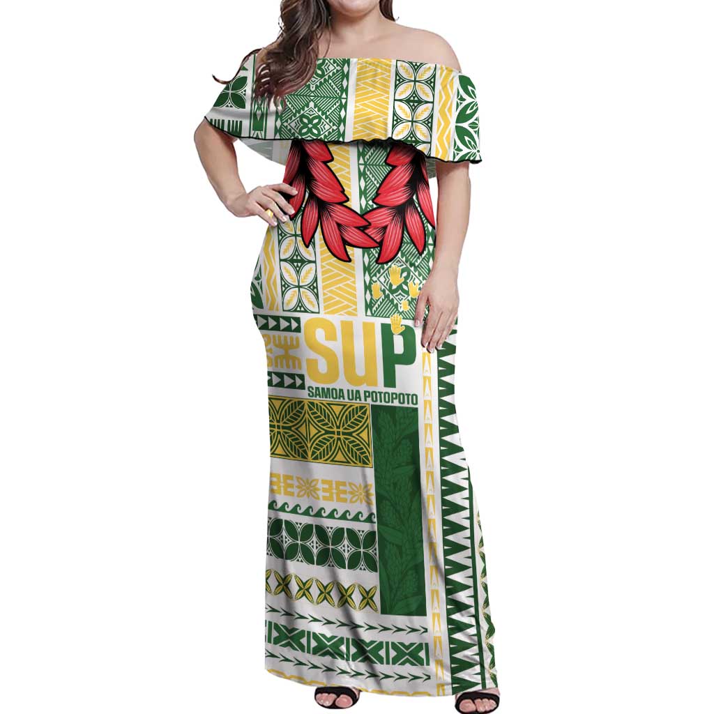 Samoa Uniting Party Off Shoulder Maxi Dress SUP Est 2025 Siapo Pattern - Polynesian Pride