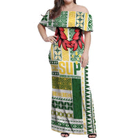 Samoa Uniting Party Off Shoulder Maxi Dress SUP Est 2025 Siapo Pattern - Polynesian Pride