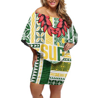 Samoa Uniting Party Off Shoulder Short Dress SUP Est 2025 Siapo Pattern - Polynesian Pride