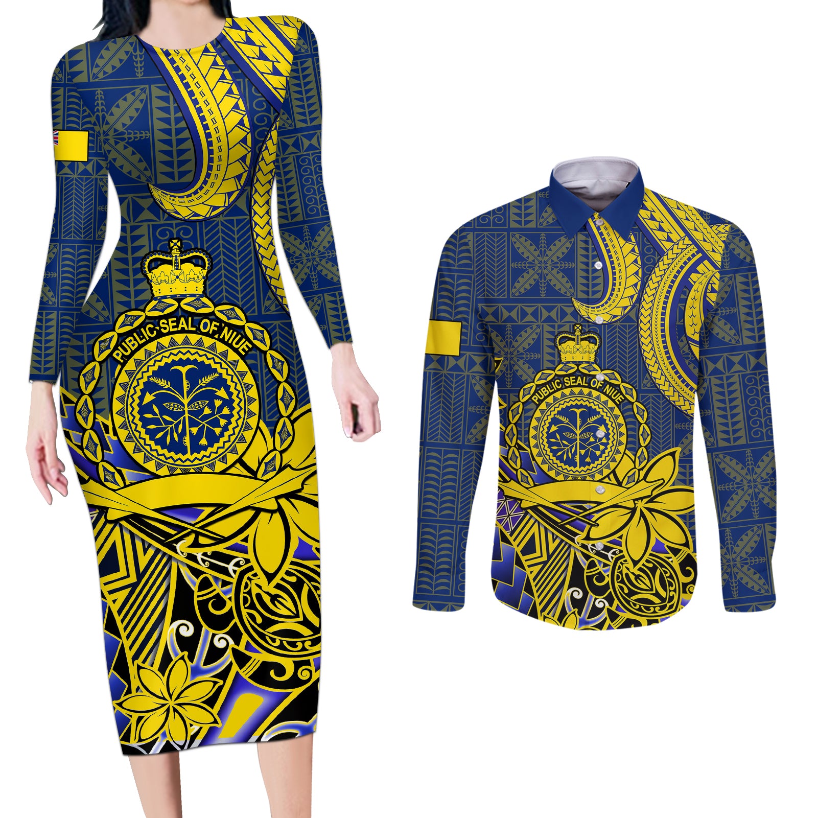 Niue Peniamina Gospel Day Couples Matching Long Sleeve Bodycon Dress and Long Sleeve Button Shirts Unique Niean Hiapo LT14 Blue - Polynesian Pride