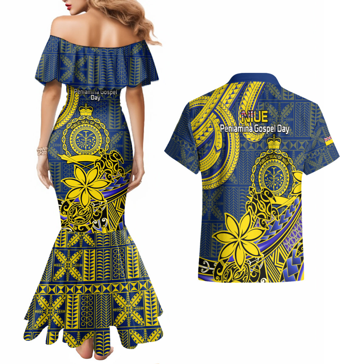 Niue Peniamina Gospel Day Couples Matching Mermaid Dress and Hawaiian Shirt Unique Niean Hiapo LT14 - Polynesian Pride