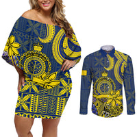 Niue Peniamina Gospel Day Couples Matching Off Shoulder Short Dress and Long Sleeve Button Shirts Unique Niean Hiapo LT14 Blue - Polynesian Pride