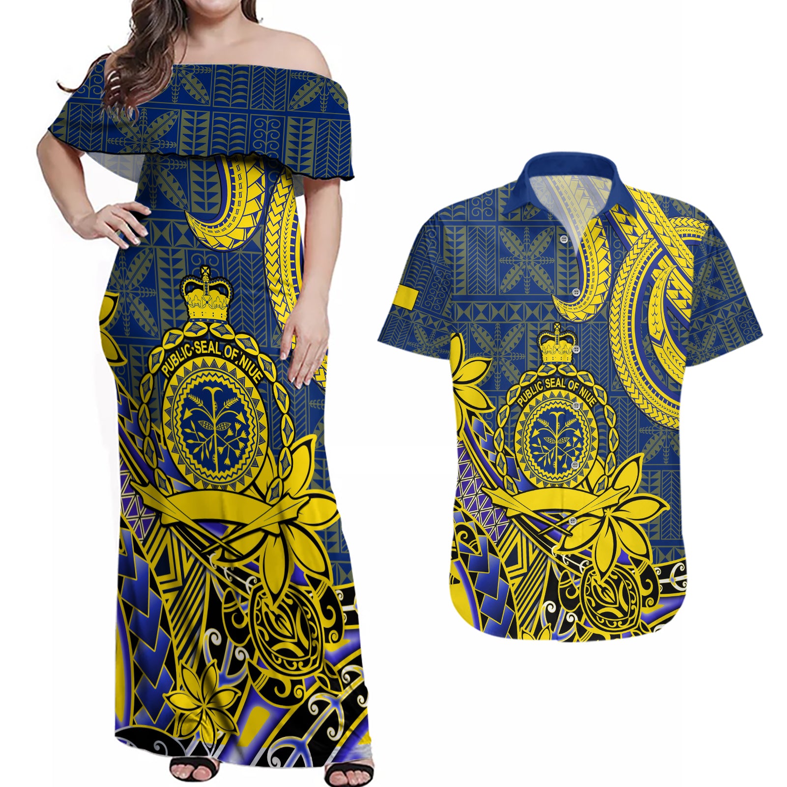 Personalised Niue Peniamina Gospel Day Couples Matching Off Shoulder Maxi Dress and Hawaiian Shirt Unique Niean Hiapo LT14 Blue - Polynesian Pride