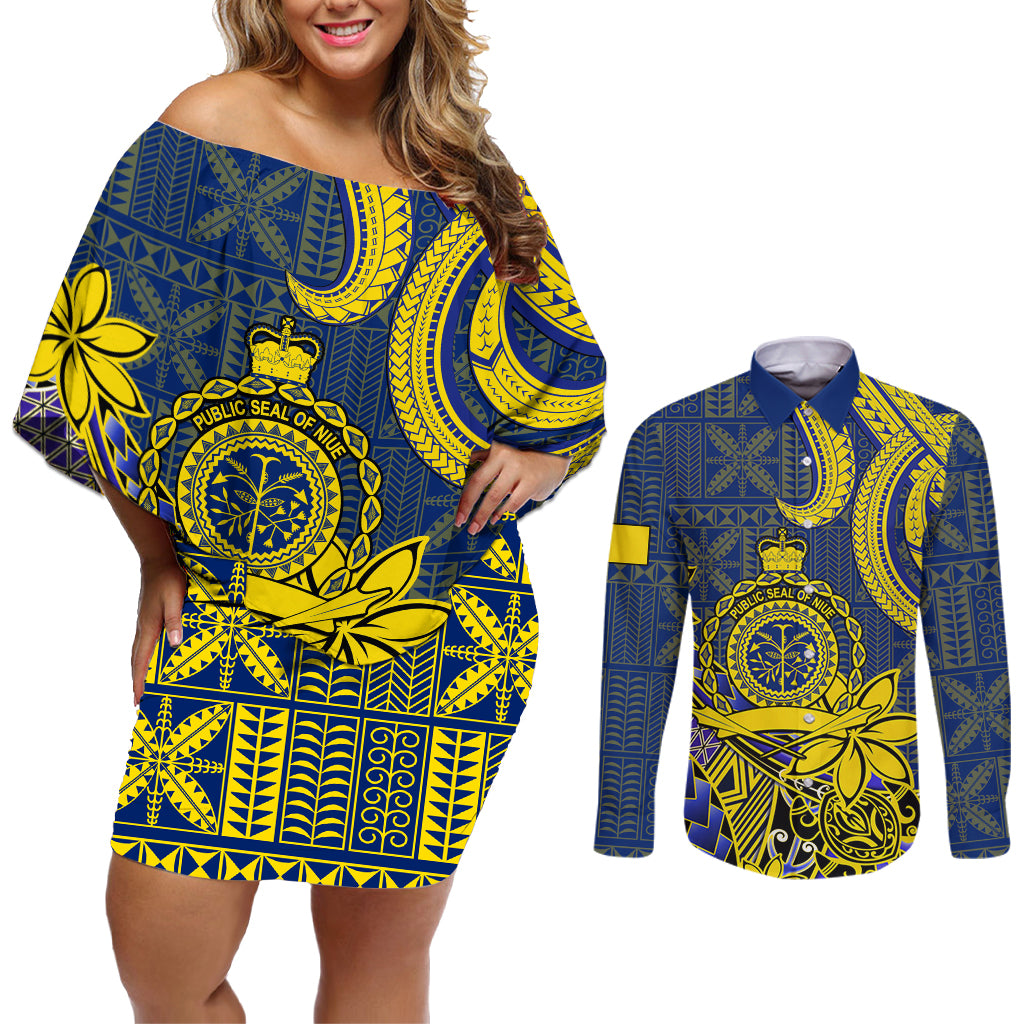 Personalised Niue Peniamina Gospel Day Couples Matching Off Shoulder Short Dress and Long Sleeve Button Shirts Unique Niean Hiapo LT14 Blue - Polynesian Pride