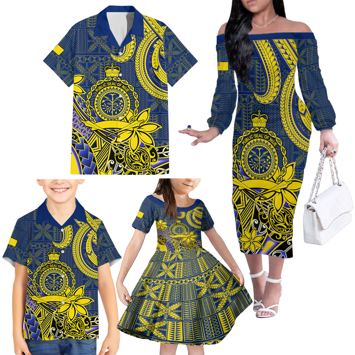 Personalised Niue Peniamina Gospel Day Family Matching Off Shoulder Long Sleeve Dress and Hawaiian Shirt Unique Niean Hiapo LT14 - Polynesian Pride