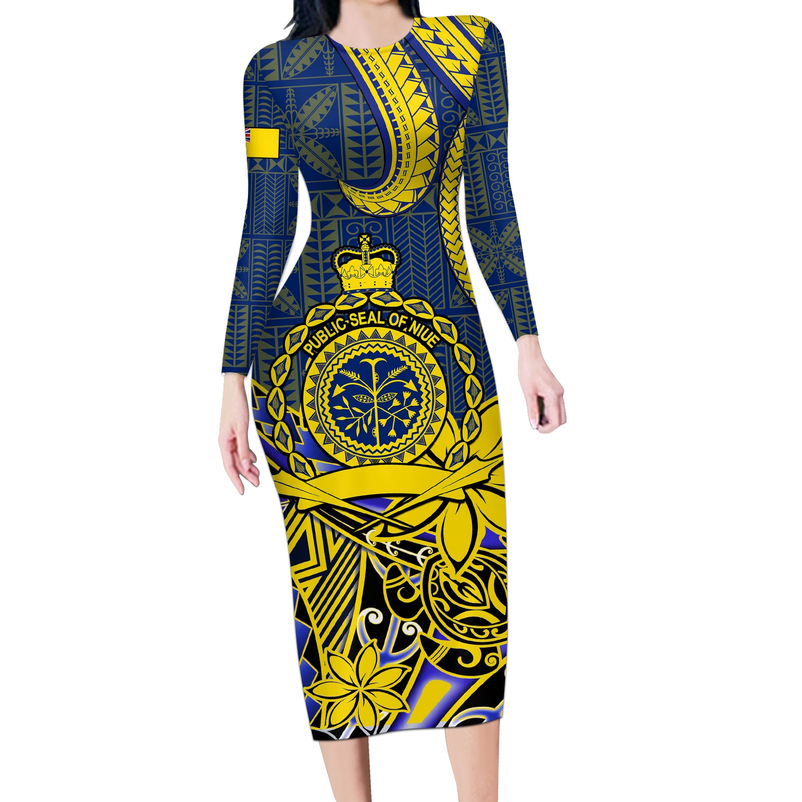 Personalised Niue Peniamina Gospel Day Long Sleeve Bodycon Dress Unique Niean Hiapo LT14 Long Dress Blue - Polynesian Pride