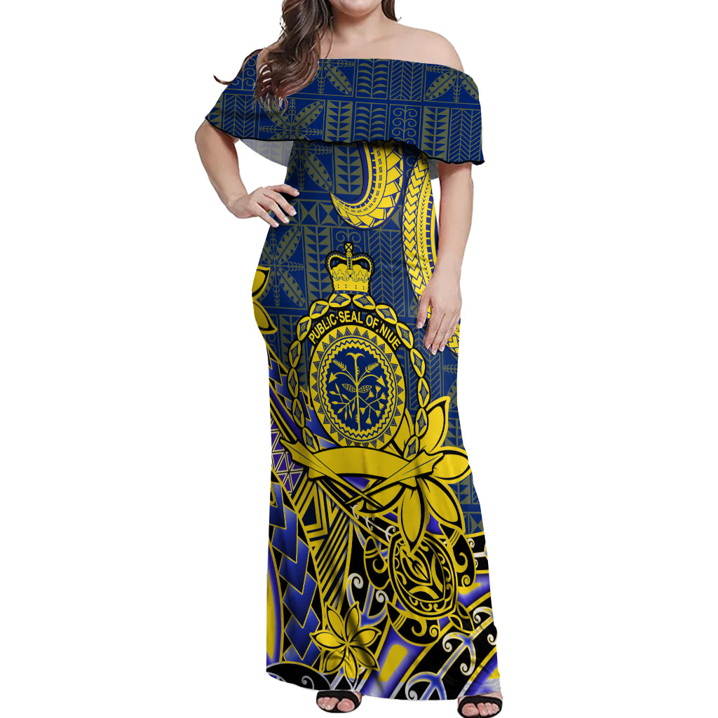 Personalised Niue Peniamina Gospel Day Off Shoulder Maxi Dress Unique Niean Hiapo LT14 Women Blue - Polynesian Pride