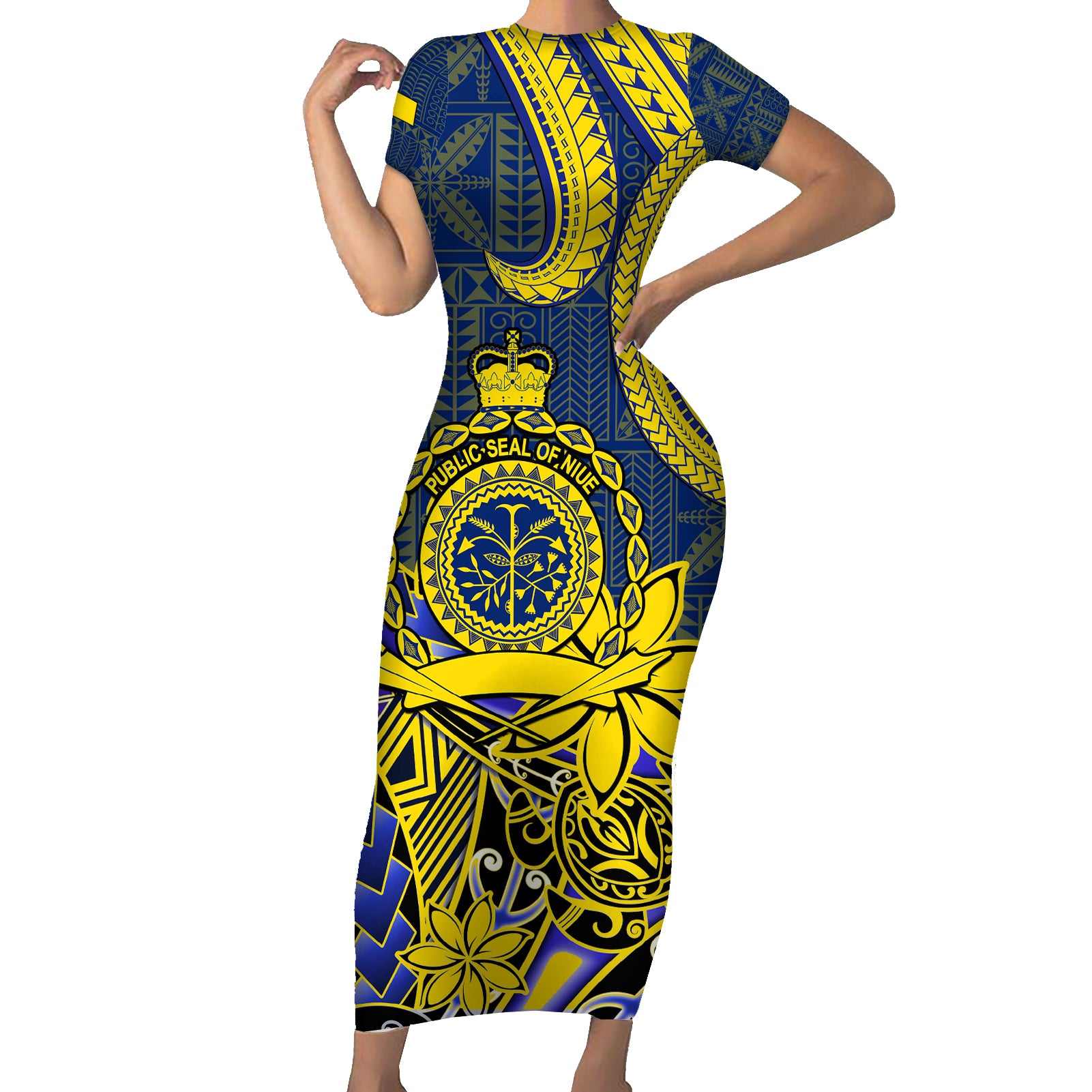 Personalised Niue Peniamina Gospel Day Short Sleeve Bodycon Dress Unique Niean Hiapo LT14 Long Dress Blue - Polynesian Pride