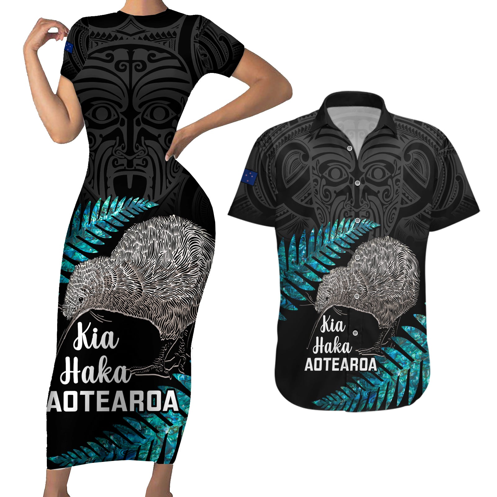 Custom New Zealand Silver Fern Rugby Couples Matching Short Sleeve Bodycon Dress and Hawaiian Shirt Pacific 2023 Kia Haka Kiwis With Maori Ta Moko LT14 Black - Polynesian Pride