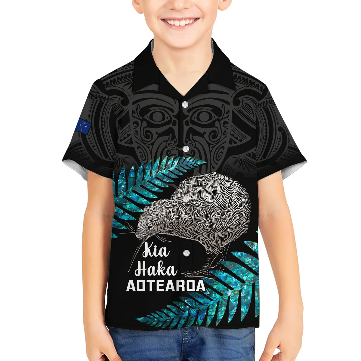 Custom New Zealand Silver Fern Rugby Family Matching Short Sleeve Bodycon Dress and Hawaiian Shirt Pacific 2023 Kia Haka Kiwis With Maori Ta Moko LT14 Son's Shirt Black - Polynesian Pride