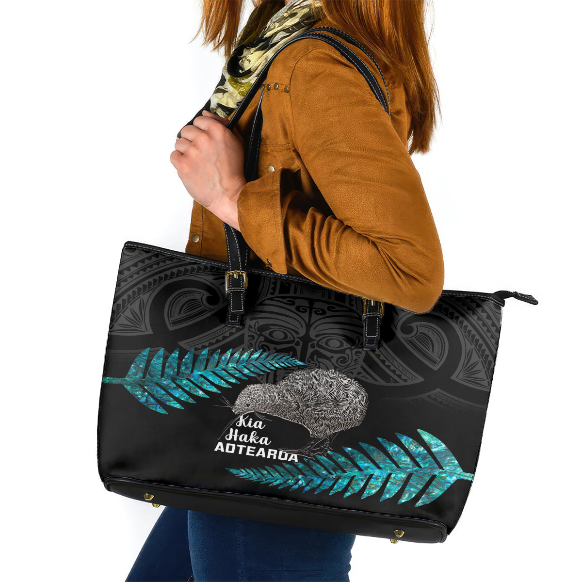 New Zealand Silver Fern Rugby Leather Tote Bag Pacific 2023 Kia Haka Kiwis With Maori Ta Moko LT14 Black - Polynesian Pride