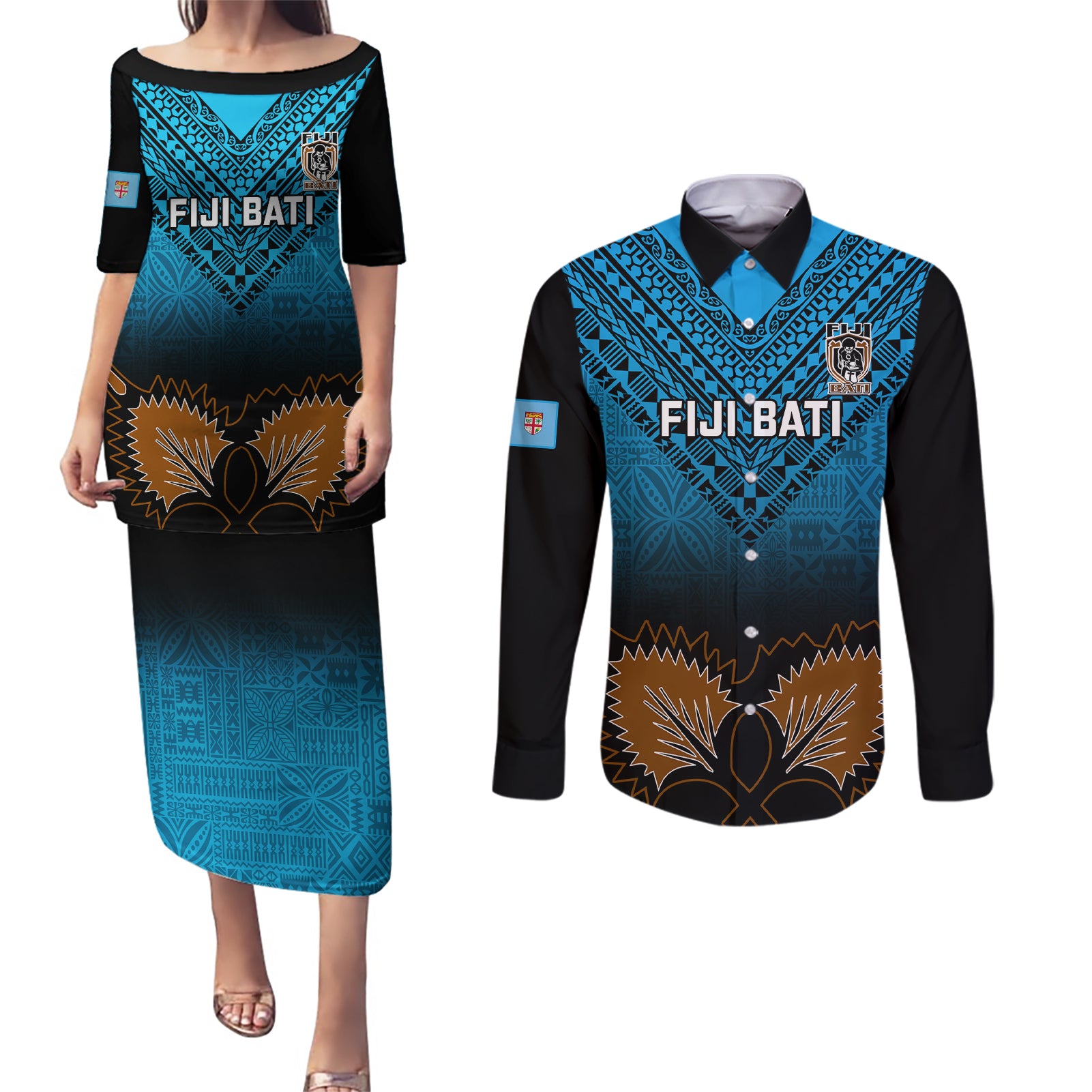 Custom Fiji Tapa Rugby Couples Matching Puletasi Dress and Long Sleeve Button Shirts Pacific 2023 Go Fijian Bati LT14 Blue - Polynesian Pride