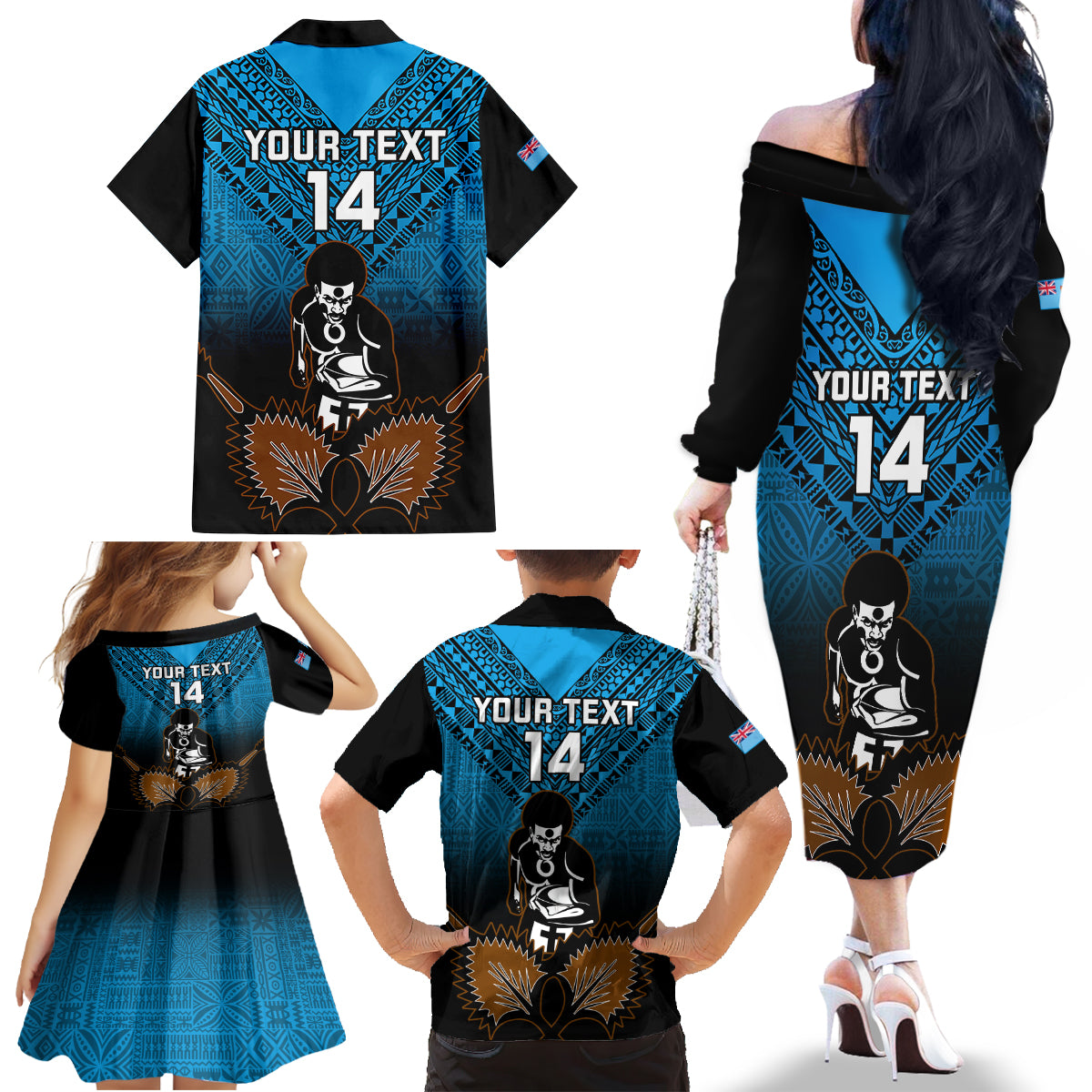 Custom Fiji Tapa Rugby Family Matching Off Shoulder Long Sleeve Dress and Hawaiian Shirt Pacific 2023 Go Fijian Bati LT14 - Polynesian Pride