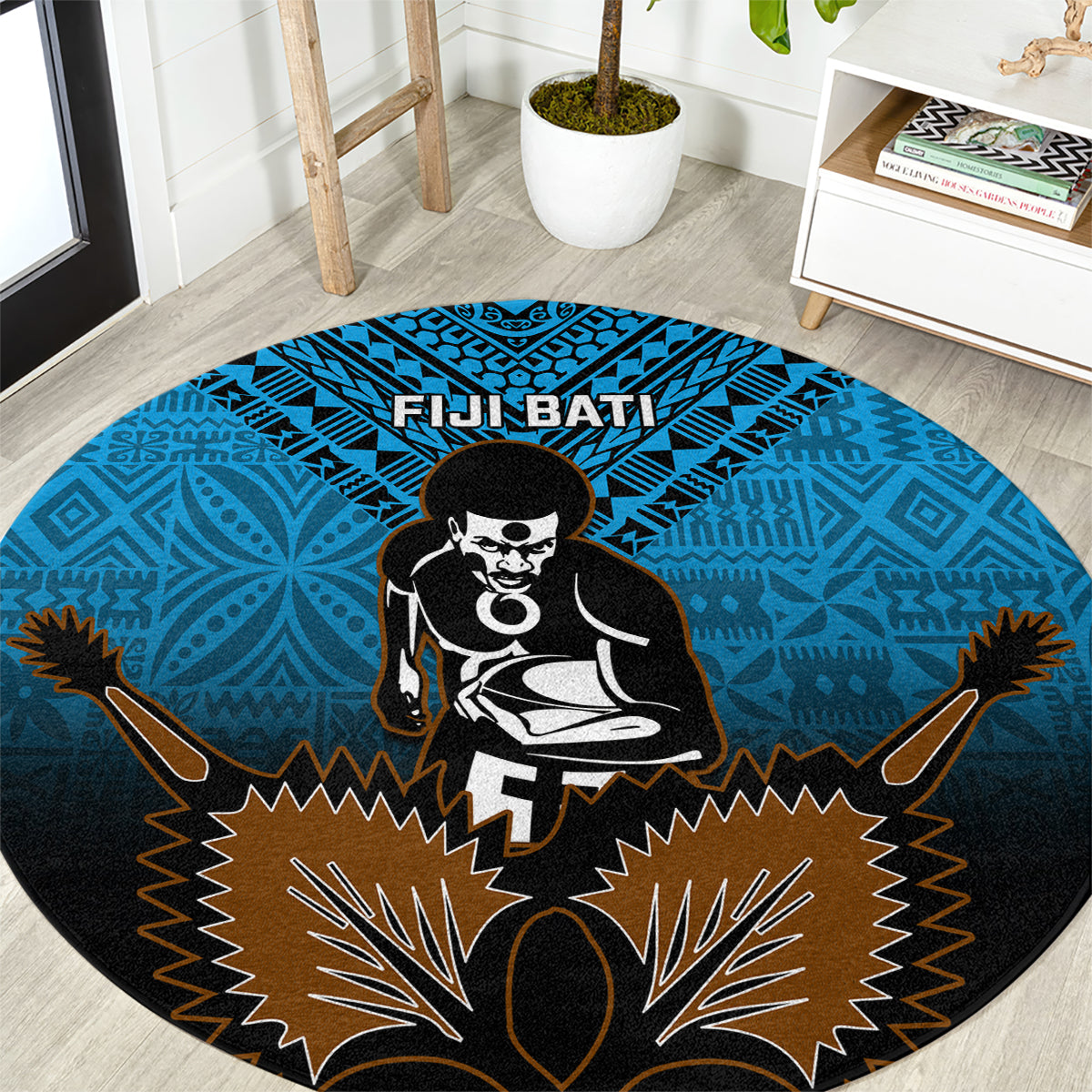 Fiji Tapa Rugby Round Carpet Pacific 2023 Go Fijian Bati LT14 Blue - Polynesian Pride