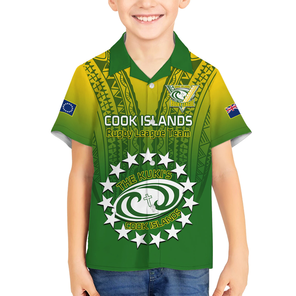 Custom Cook Islands Rugby Family Matching Off Shoulder Long Sleeve Dress and Hawaiian Shirt Pacific 2023 Go The Kukis LT14 Son's Shirt Green - Polynesian Pride