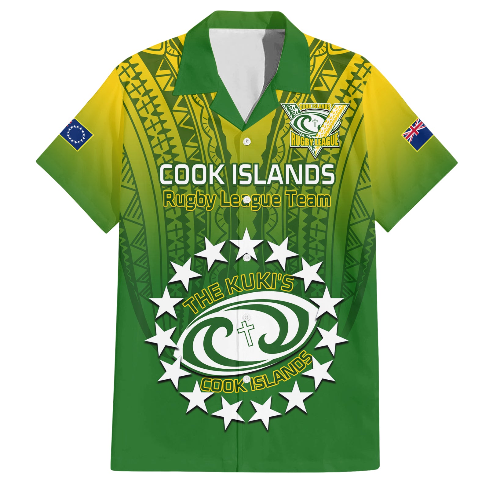 Custom Cook Islands Rugby Hawaiian Shirt Pacific 2023 Go The Kukis LT14 Green - Polynesian Pride