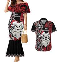 Personalised New Zealand Christmas Couples Matching Mermaid Dress and Hawaiian Shirt Meri Kirihimete Maori Wheku - Taniko Art LT14 Black - Polynesian Pride