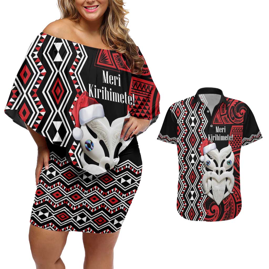 Personalised New Zealand Christmas Couples Matching Off Shoulder Short Dress and Hawaiian Shirt Meri Kirihimete Maori Wheku - Taniko Art LT14 Black - Polynesian Pride