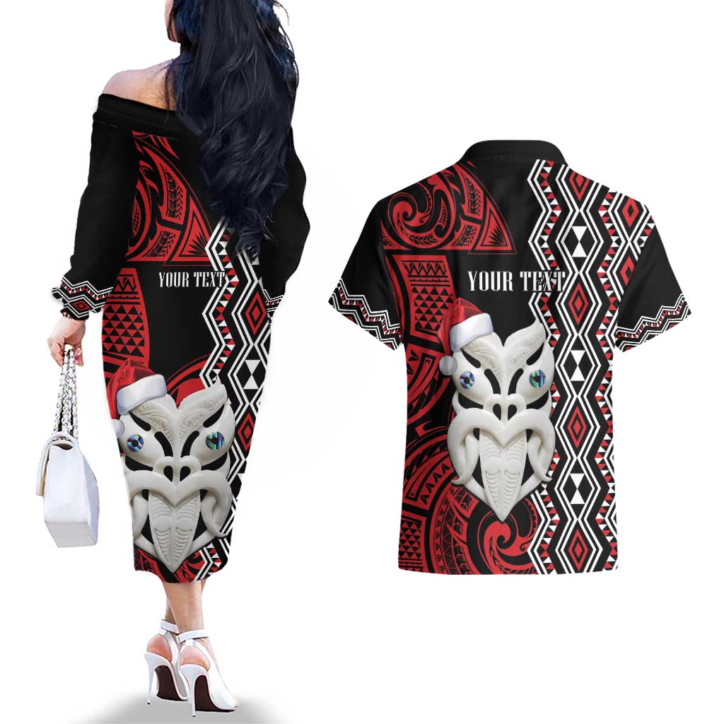 Personalised New Zealand Christmas Couples Matching Off The Shoulder Long Sleeve Dress and Hawaiian Shirt Meri Kirihimete Maori Wheku - Taniko Art
