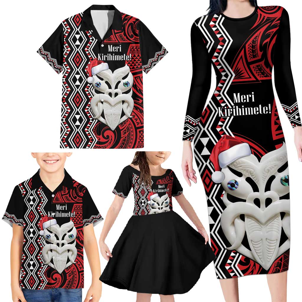 Personalised New Zealand Christmas Family Matching Long Sleeve Bodycon Dress and Hawaiian Shirt Meri Kirihimete Maori Wheku - Taniko Art LT14 - Polynesian Pride