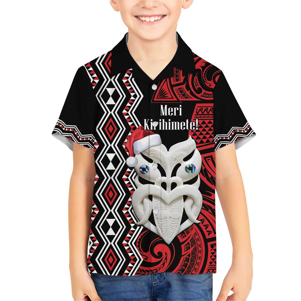 Personalised New Zealand Christmas Family Matching Long Sleeve Bodycon Dress and Hawaiian Shirt Meri Kirihimete Maori Wheku - Taniko Art LT14 Son's Shirt Black - Polynesian Pride
