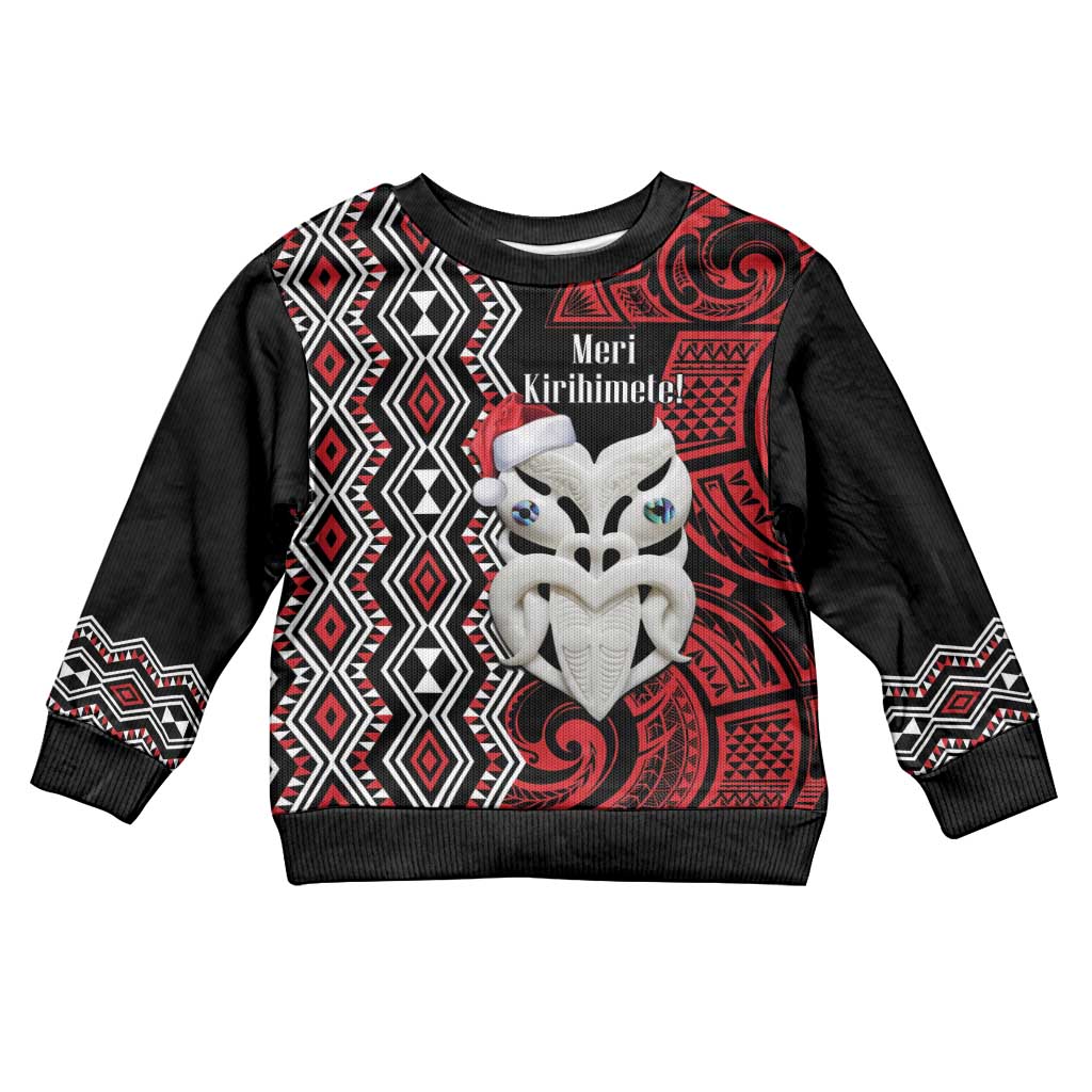 Personalised New Zealand Christmas Kid Ugly Christmas Sweater Meri Kirihimete Maori Wheku - Taniko Art LT14 Kid Black - Polynesian Pride