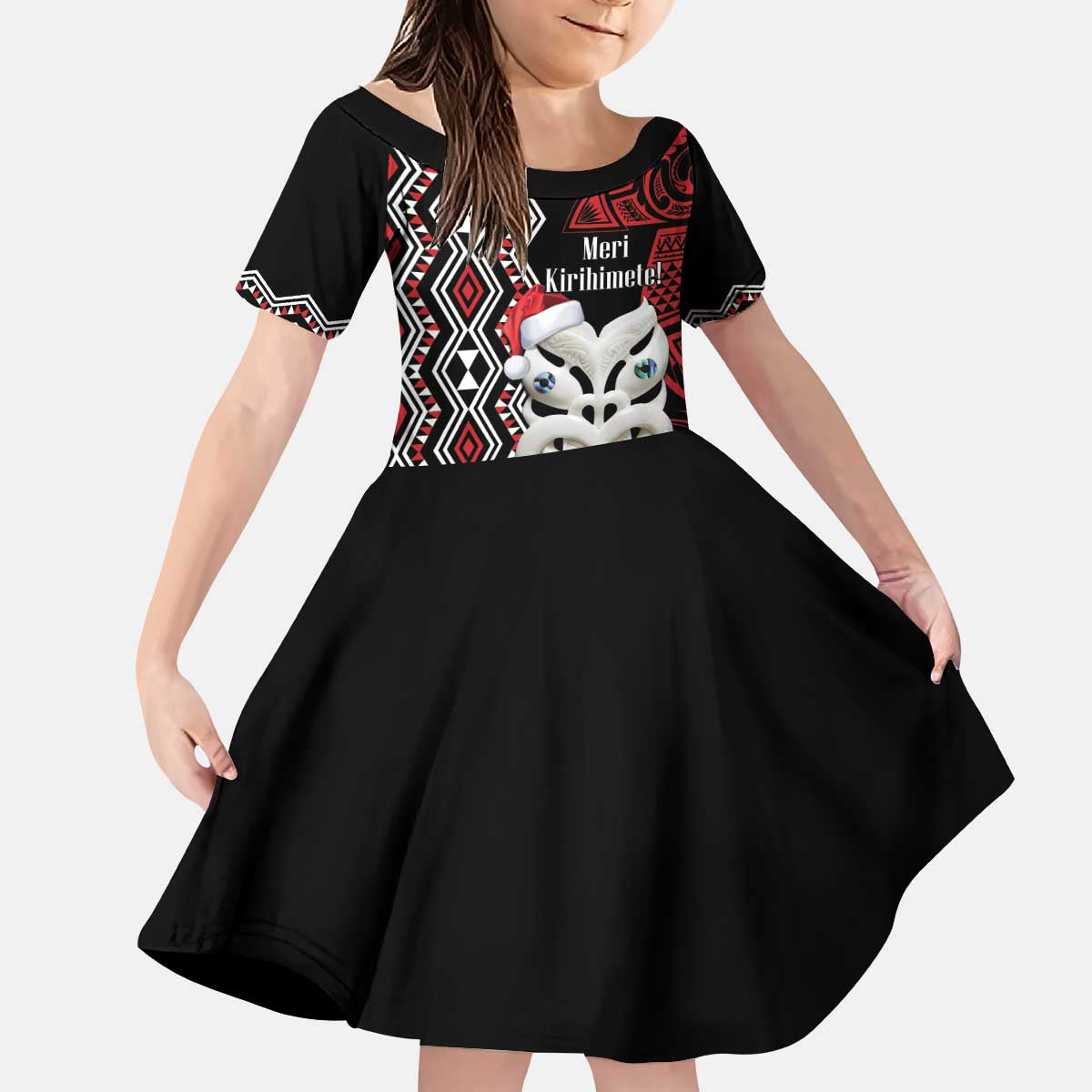 Personalised New Zealand Christmas Kid Short Sleeve Dress Meri Kirihimete Maori Wheku - Taniko Art LT14 KID Black - Polynesian Pride
