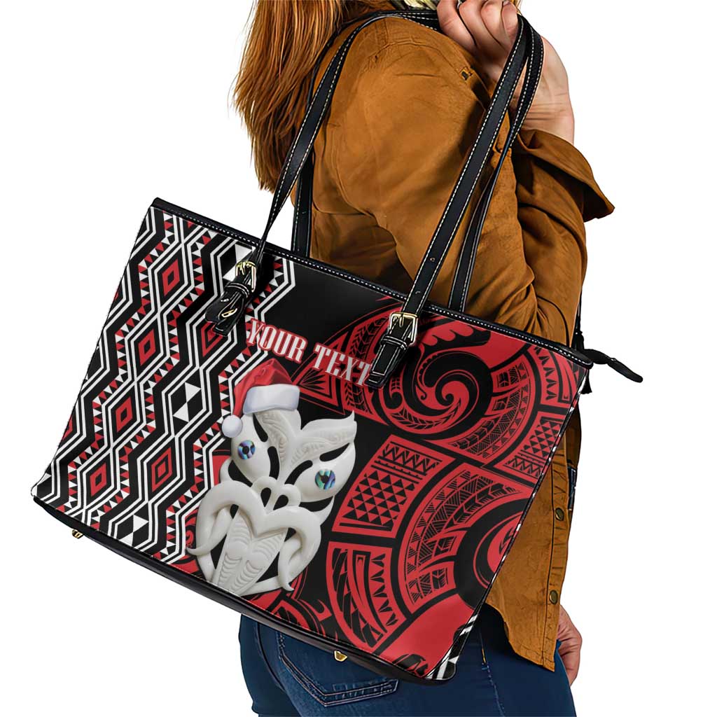 Personalised New Zealand Christmas Leather Tote Bag Meri Kirihimete Maori Wheku - Taniko Art LT14 - Polynesian Pride