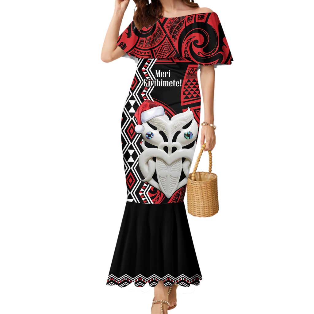 Personalised New Zealand Christmas Mermaid Dress Meri Kirihimete Maori Wheku - Taniko Art LT14 Women Black - Polynesian Pride