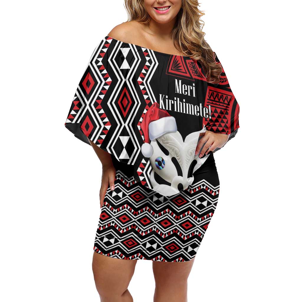 Personalised New Zealand Christmas Off Shoulder Short Dress Meri Kirihimete Maori Wheku - Taniko Art