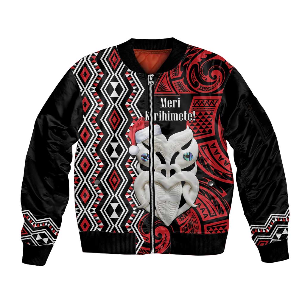 Personalised New Zealand Christmas Sleeve Zip Bomber Jacket Meri Kirihimete Maori Wheku - Taniko Art