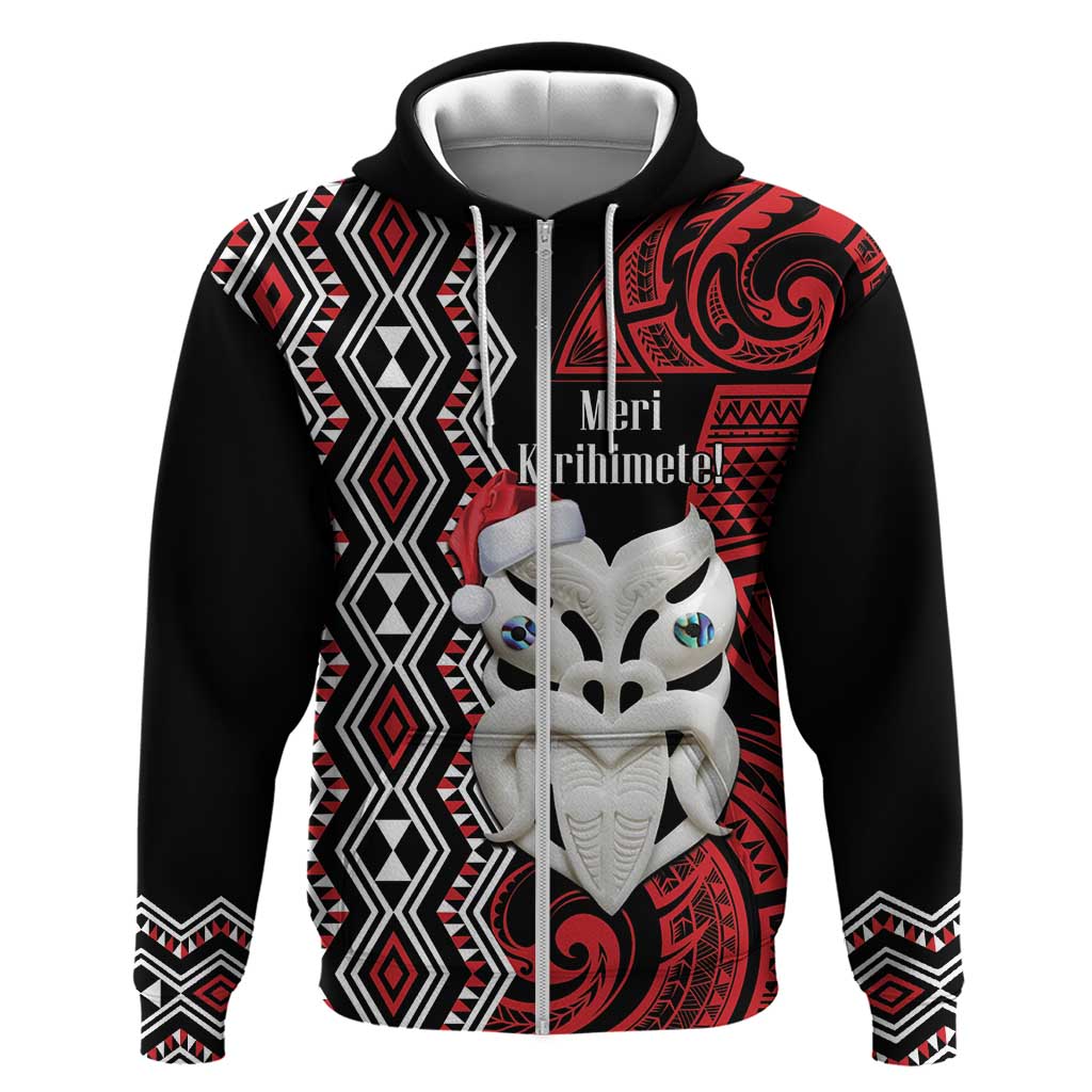 Personalised New Zealand Christmas Zip Hoodie Meri Kirihimete Maori Wheku - Taniko Art LT14 Zip Hoodie Black - Polynesian Pride