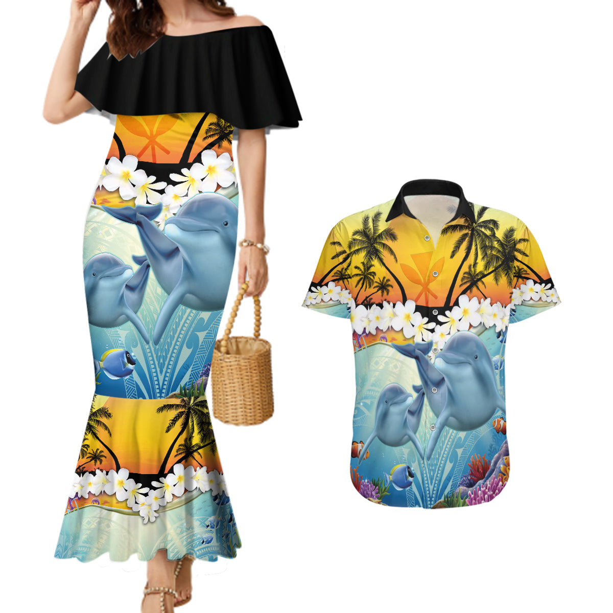 Aloha Hawaii Dolphins Couples Matching Mermaid Dress and Hawaiian Shirt Heart Of The Ocean Tropical Summer Vibes LT14 Blue - Polynesian Pride