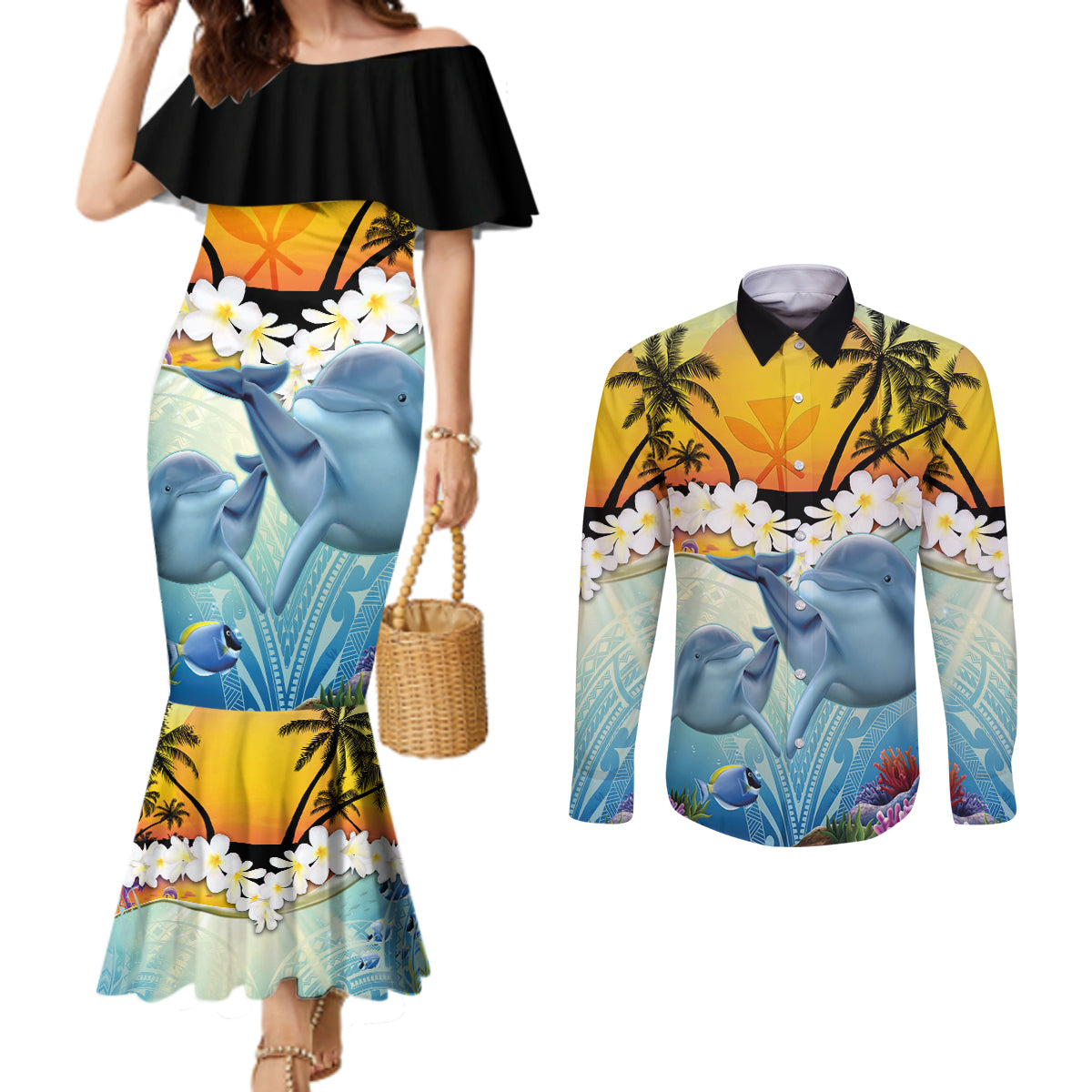 Aloha Hawaii Dolphins Couples Matching Mermaid Dress and Long Sleeve Button Shirt Heart Of The Ocean Tropical Summer Vibes LT14 Blue - Polynesian Pride