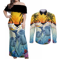 Aloha Hawaii Dolphins Couples Matching Off Shoulder Maxi Dress and Long Sleeve Button Shirt Heart Of The Ocean Tropical Summer Vibes LT14 Blue - Polynesian Pride