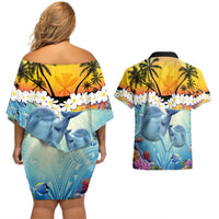 Aloha Hawaii Dolphins Couples Matching Off Shoulder Short Dress and Hawaiian Shirt Heart Of The Ocean Tropical Summer Vibes LT14 - Polynesian Pride