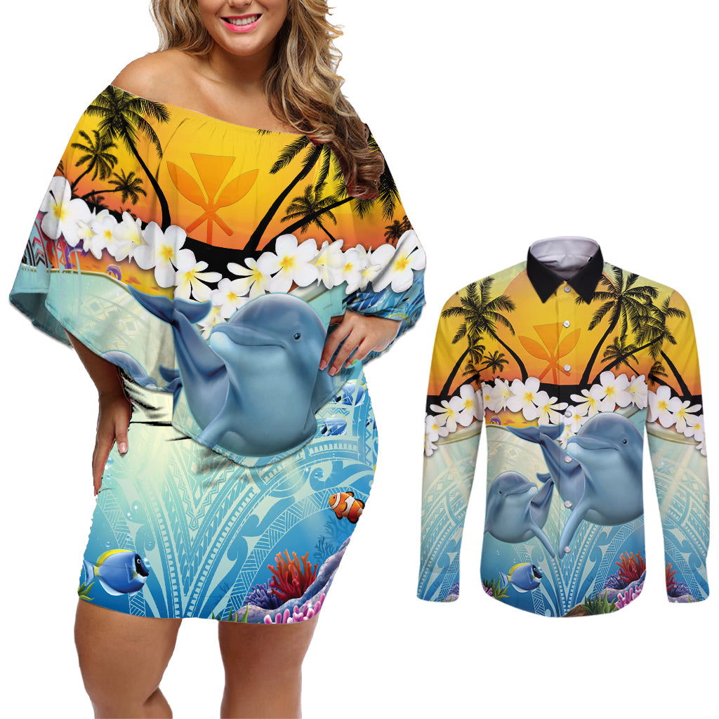 Aloha Hawaii Dolphins Couples Matching Off Shoulder Short Dress and Long Sleeve Button Shirt Heart Of The Ocean Tropical Summer Vibes LT14 Blue - Polynesian Pride